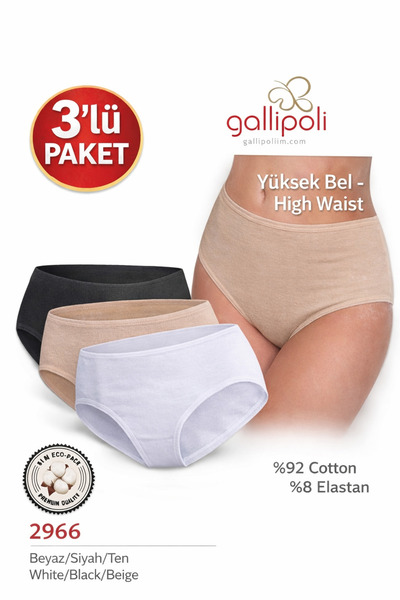GALLİPOLİ 2966 Kadın Pamuklu Yüksek Bel Külot 3’lü Paket Slip Külot Siyah Bey...