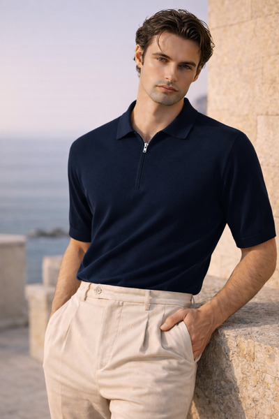 Valiberta Linus Zippered Polo Collar Short Sleeve Slim Knitwear Men's T-Shirt...