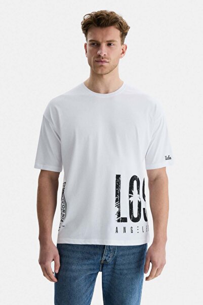 UCLA Ανδρικό μπλουζάκι IGNISO με λευκό λαιμόκοψη και στάμπα, 100% βαμβάκι, ov...