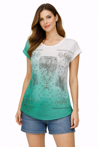 Erimeks Tricou transparent cu mânecă scurtă pentru femei, cu pietre strălucitoare