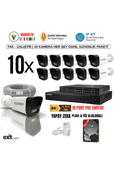 KARER 10'lu IP KAMERA-POELİ-5MP-ULTRA HD-4K 1920 ÇÖZÜNÜRLÜK-SESLİ-GECE RENKLİ...