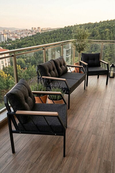 Sar Pakete Metal Bahçe Balkon Oturma Grubu 2+1+1 Set - Ahşap Kollu Lüks Teras...