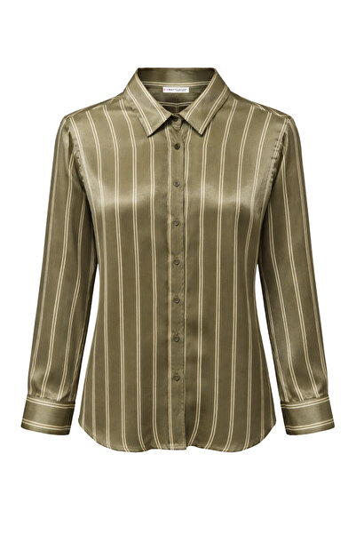 Mixray 4594 Cămașă din satin pentru femei cu dungi Kaki
