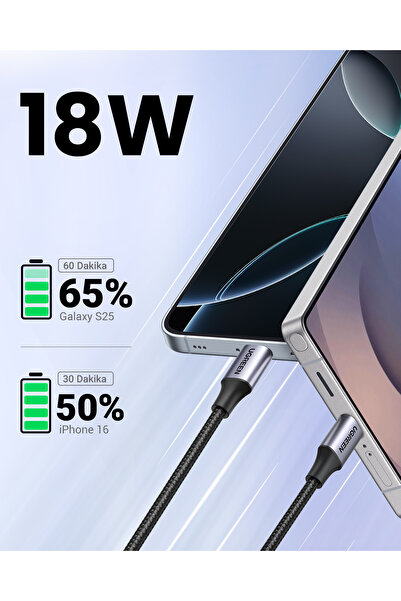 Ugreen USB-C - USB-A 3A QC Örgülü Hızlı Şarj Kablosu, 0,5 m, Siyah, 60125