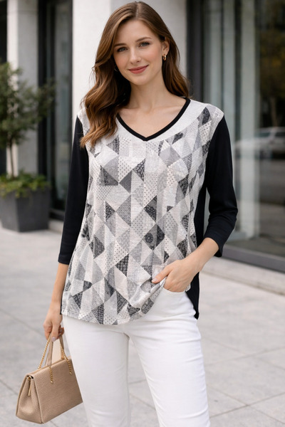 Desen Triko V Yaka Truvakar Kol Geometrik Detay  Penye Bluz