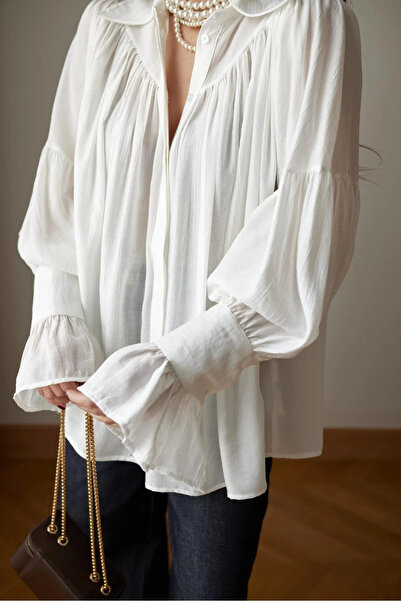 Genel Markalar Beyaz Büzgü Ve Kol Detaylı Gömlek