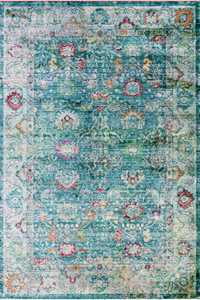 kilim home Turkuaz Vintage Eskitme Salon Halısı Klasik Desenli Kaymaz Taban M...