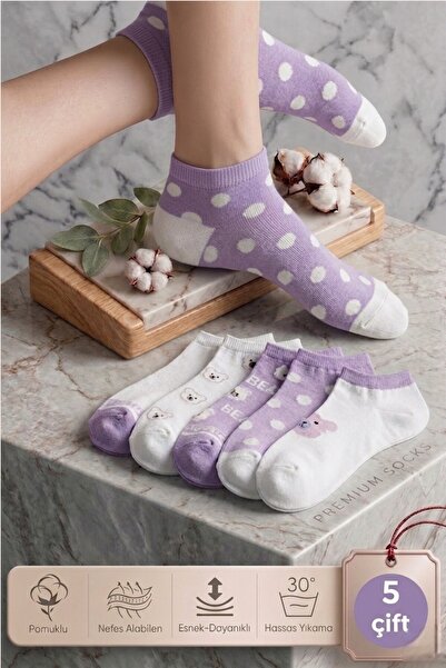 Esinti 5 pár női bokáig érő, lila színű, mackómintás, aranyos zokni szett, 5 ...