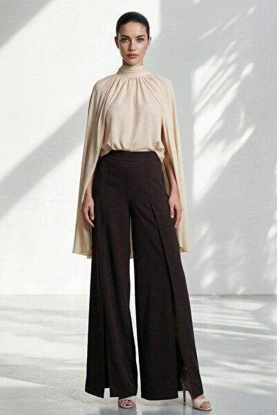 Setre بنطلون بتفاصيل خياطة باللون البني الداكن وساق واسعة