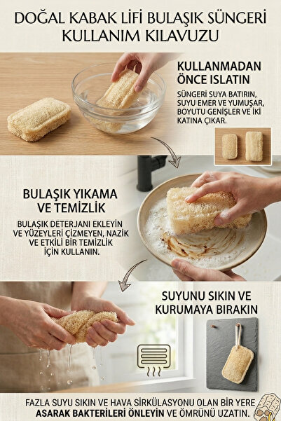 bermark 2 adet Doğal Kabak Lifli Organik, Bitkisel, Bulaşık Süngeri, Ekonomik Set 12x8 cm 2 Adet