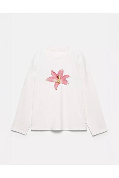 Disante 100% قطن مقاس كبير مطبوع عليه زهرة الزنبق - تي شيرت بأكمام طويلة وياق...
