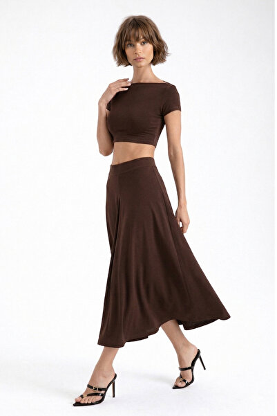 By Yaren Yazıcı Γυναικεία καφέ φούστα μίντι σε γραμμή Α με ελαστική μέση, μπο...