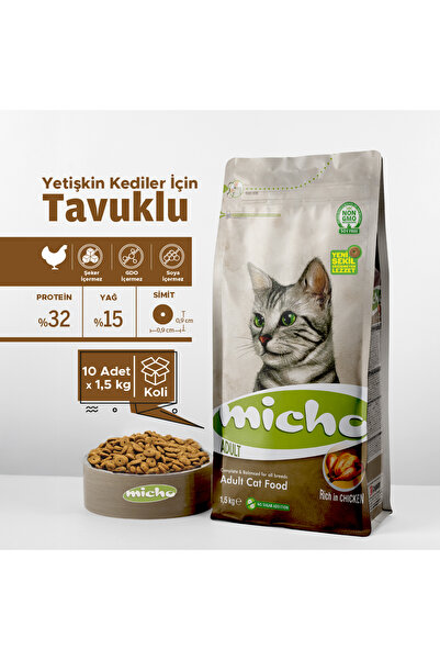 Micho Adult Cat 1.5 Kg X 10 Adet - Tavuklu (hamsi Ve Pirinç Eşliğinde) Yetişk...