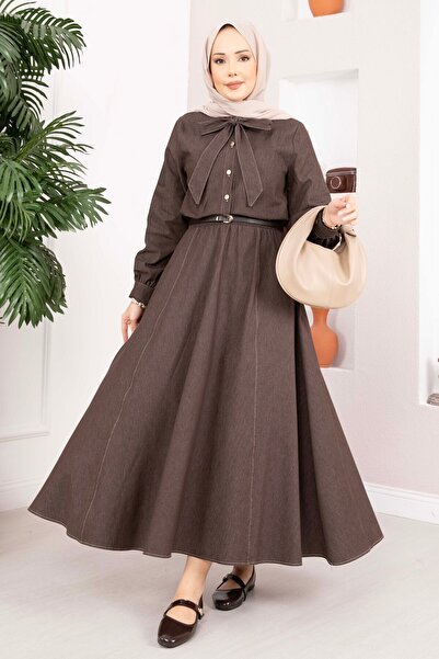 EBRUTESETTÜR تفاصيل فيونكة طقم دينم تينسل مزدوج باللون البني