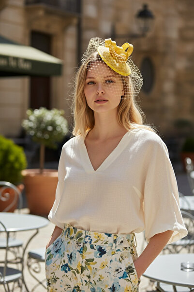 Miss Hat Yellow Sinamay Hat with Veil and Feather