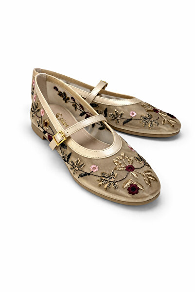 Noliva حذاء نسائي بيج فلورال مطرز ماري جين حذاء مسطح مريح للاستخدام اليومي حذ...