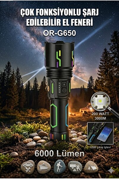 FAVBOX OR-G650 6000 Lümen Süper Güçlü Profesyonel Şarjlı El Feneri - 200W Güç...