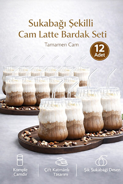 Berdina Home 12'li Sukabağı Latte Pipetli Cam Bardak İskandinav Burgu Kahve K...