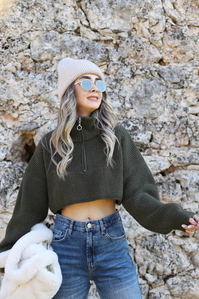 bytugcekaya Хакі зелений кроп-капюшон на блискавці