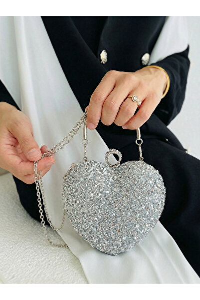 Çanta Trend حقيبة سهرة نسائية فضية مرصعة بالكريستال على شكل قلب بحزامين