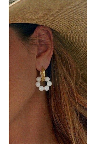 Markiz Takı Steel Ring - Natural Stone Earrings (Inner Diameter 1.5 Cm) White