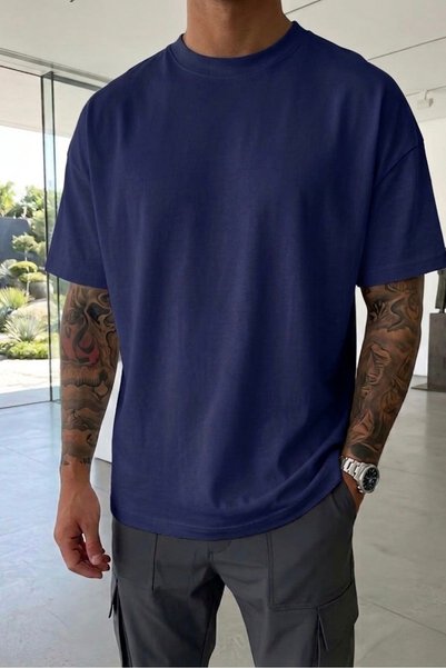 assef Men's Oversize Wide Cut 100% Cotton Thick Textured Basic Crew Neck Navy Blue T-Shirt