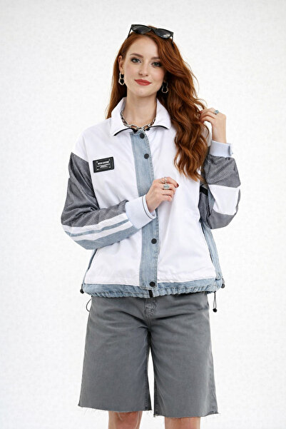 İLKCET MODA Γυναικείο μπουφάν με διχτυωτές λεπτομέρειες και ρίγες