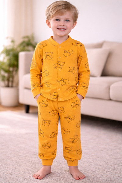 Bulut Anne ve Çocuk Sarı Tilki Önden Çıtçıtlı Pijama Takımı