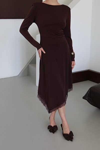 manana fashion Ασύμμετρη κοπή Δαντέλα Λεπτομερές φόρεμα μίντι