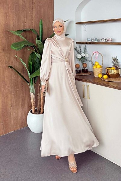 Şulemoda Giyim Yandan Buckled Satin Dress Beige