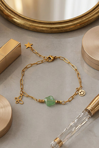 Taş Sandığı Clover Shaped Green Strawberry Quartz Stone Gold Steel Bracelet