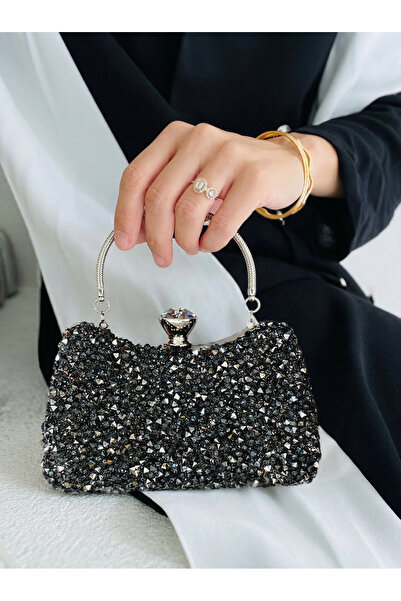 Çanta Trend Γυναικεία βραδινή τσάντα από ανθρακί με μεγάλες κρυστάλλινες πέτρ...
