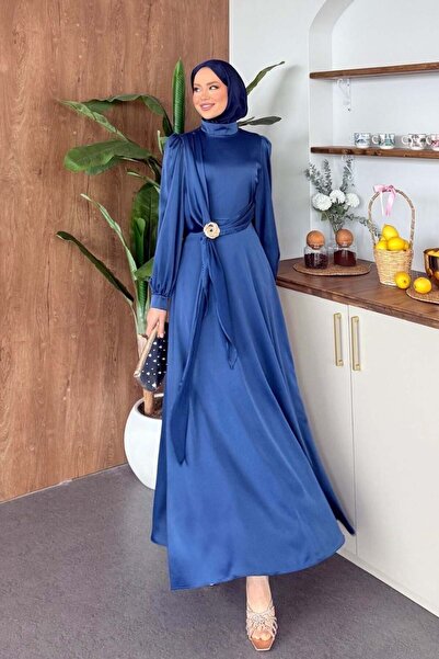 Şulemoda Giyim Yandan Buckled Satin Dress Navy Blue