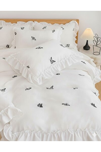 GÖRMEZ TEKSTİL طقم غطاء لحاف مفرد من القطن بنمط الفراشة مع كشكشة وتطريز زخرفي