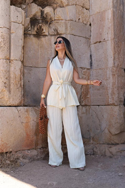 bytugcekaya Set pantaloni bluză Crinkle cu șireturi galbene