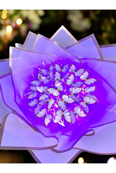 exzone Led Işıklı Lila Mor Kelebek Buketi, Dekoratif Konsept Hediye Anneye, S...