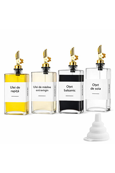 Viacare Σετ 4 τετράγωνων γυάλινων μπουκαλιών λαδιού και ξιδιού με στόμια ροής...