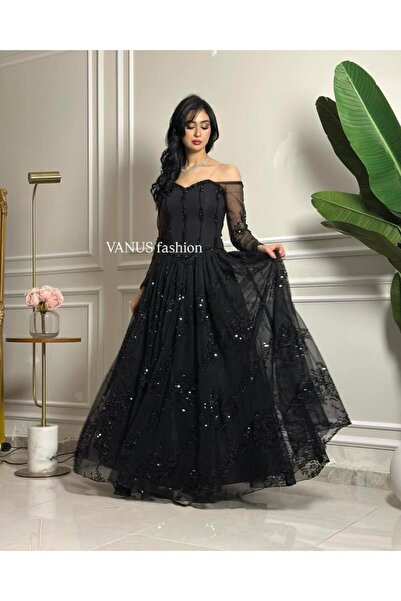 vanus fashion 6923 -فستان السهرة الأسود المطرّز بطبقات التول