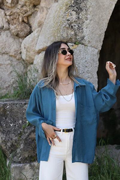 bytugcekaya Petrol Mavi Viskon Standart Beden Gömlek