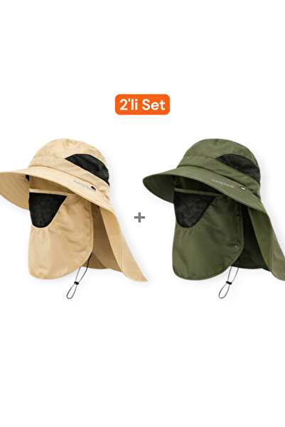 Mustran 2'li Set UV Korumalı Sök Tak Maskeli Unisex Enseli Güneş Şapkası Outd...