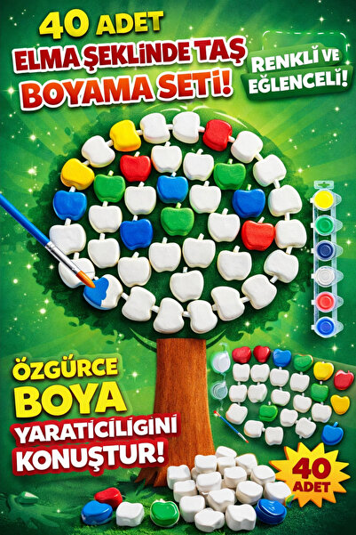 Misse 40 Adet (3D) Elma Meyve Taş Boyama Figür Çocuk Gelişimi Boyama Etkinlik...