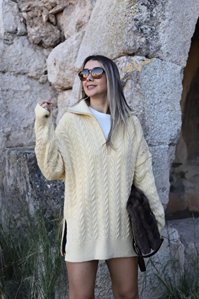 bytugcekaya Pulover galben cu fermoar împletit cu păr, mărime standard