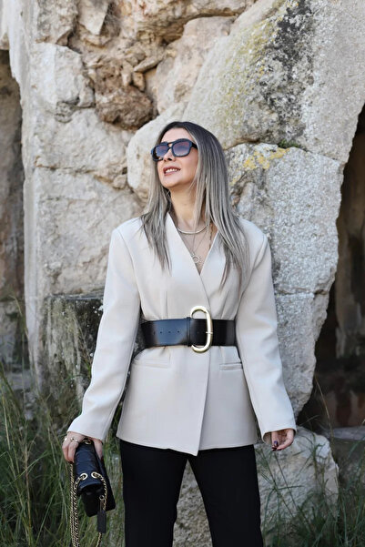 bytugcekaya Μπεζ σακάκι στάνταρ μεγέθους με χοντρή ζώνη