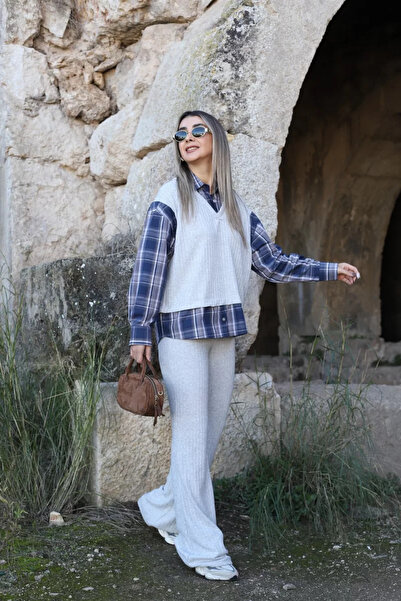 bytugcekaya Γκρι καρό πουκάμισο διπλό σετ