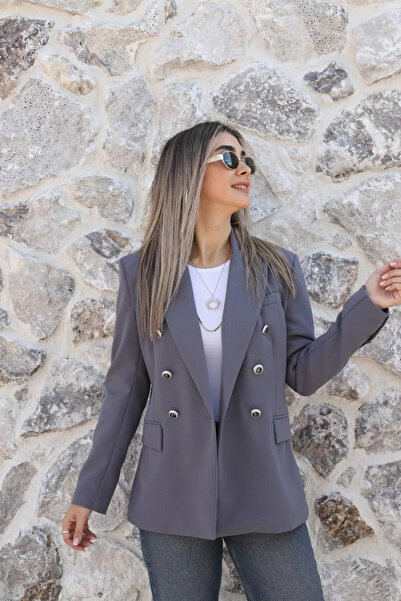 bytugcekaya Γκρι διπλόπετο μπλέιζερ με κουμπιά Prive