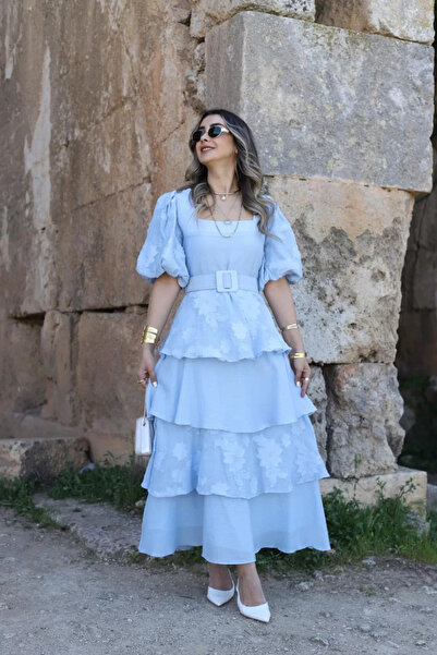 bytugcekaya Μπλε μπαλόνι μανίκια με ζώνη φόρεμα