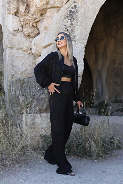 bytugcekaya Σετ παντελόνι με μαύρο σατέν λεοπάρ παλτό