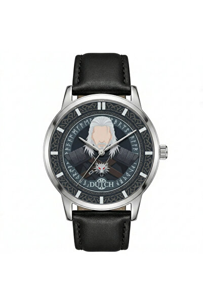 DUTCH STORE ساعة كلاسيكية لاست ويتشر - اطار فضي وجلد اسود يعكس طابع جيرالت ال...