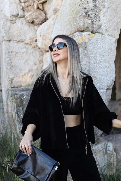 bytugcekaya Black Velvet Triple Zipper Suit