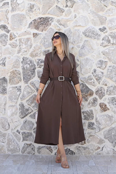 bytugcekaya Рокля от кафе модален плат със суед колан